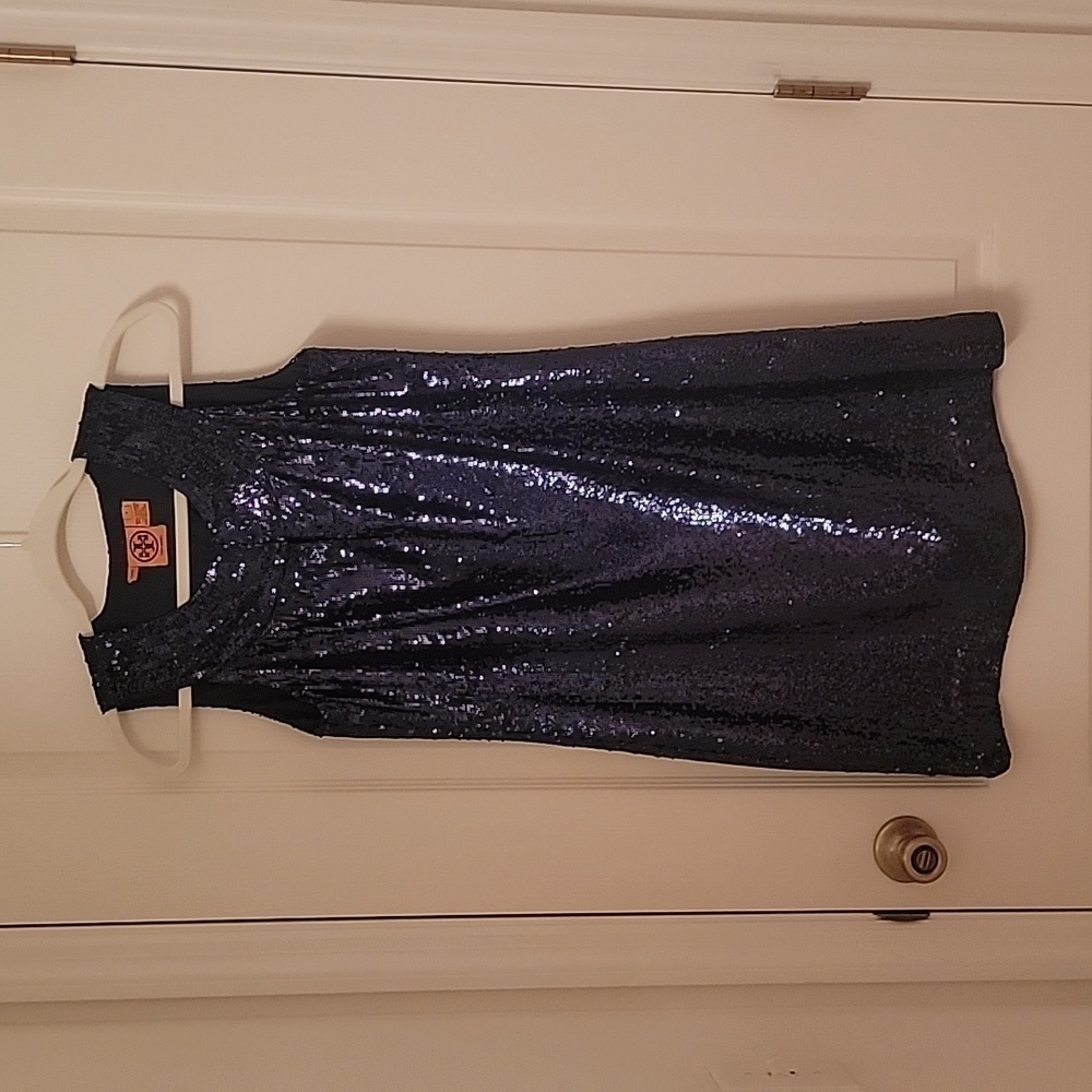 Tory Burch Kylie Size 4 Navy Blue Silk and Sequin Sleeveless Sheath Dress, EUC